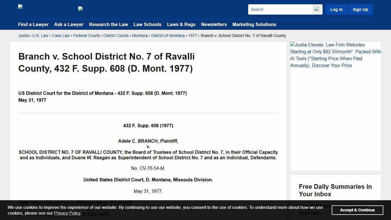 Branch v. School District No. 7 of Ravalli County, 432 F. Supp. 608 (D. Mont. 1977) :: Justia